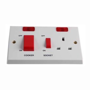 2 Gang 45 Amp Cooker Switch with Neon & Plug Socket