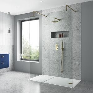 Nuie 760mm Wetroom Shower Screen & Support Bar - Brushed Brass