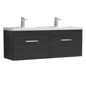 Nuie Athena 1200mm 2 Drawer Wall Hung Vanity Unit & Double Ceramic Basin - Charcoal Black Woodgrain