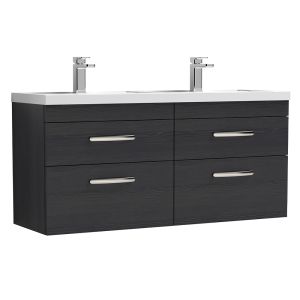 Nuie Athena 1200mm 4 Drawer Wall Hung Vanity Unit & Double Ceramic Basin - Charcoal Black Woodgrain