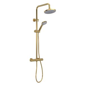 Nuie Round Thermostatic Shower Mixer with Fixed Head, Handset & Telescopic Kit - Brushed Brass